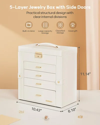 Vista 2 de Homde Joyero enorme de cuero sintético con espejo, organizador de relojes, collar, anillo y aretes, estuche de regalo con cerradura (blanco + dorado)