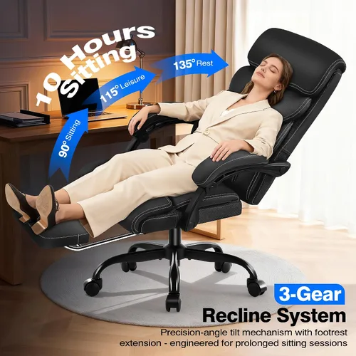Vista 4 de AreShark Silla de oficina, ergonómica y cómoda silla de escritorio para computadora con respaldo alto y reposapiés, silla reclinable ejecutiva Negro