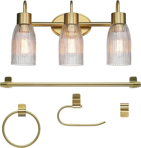 Vista 19 de GLOBE Electric 63000062 - Juego de baño todo en uno de 5 piezas, negro mate y latón, luz de tocador de 3 luces, vidrio sembrado, toallero, soporte