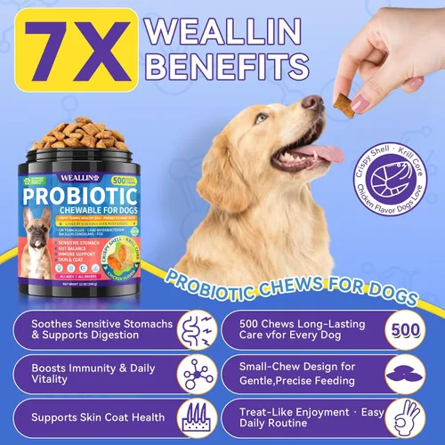 Vista 2 de Probióticos masticables para perros, 500 masticables, soporte estomacal sensible con núcleo de krill, probióticos triples y prebióticos, digestión