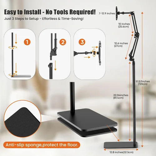 Vista 6 de Soporte de piso para tableta con base de metal, soporte para tableta para cama, iPad y Kindle Overhead Bed Tablet Stand, Angle & Height