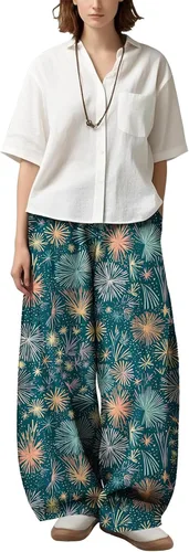 Vista 19 de Womens Wide Leg Firework Pattern Pants High Waist Cotton Blend Lantern Trousers Casual Summer Loungewear