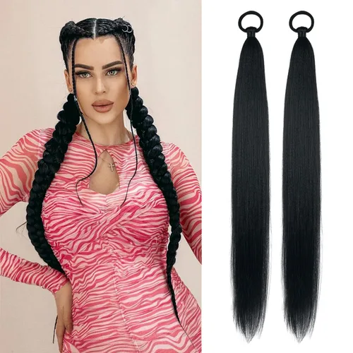 Vista 29 de Paquete de 2 extensiones de cola de caballo trenzada con lazo elástico, lacio, elegante envolvente, extensiones de cola de caballo de 26 pulgadas