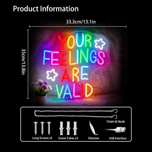 Vista 3 de Letrero de neón para decoración de pared, regulable con texto en inglés "Your Feelings Are Valid", luces de neón LED, letreros iluminados