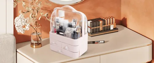Vista 7 de Nervure Organizador de maquillaje rosa, caja de almacenamiento de cosméticos con tapa, organizador de maquillaje con cubierta libre de polvo y asa