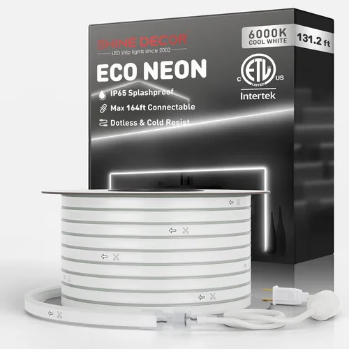 Vista 50 de Shine Decor Tira de luces LED AC 120V, cuerda de neón eco de 120 LED/m sin puntos, conectable y cortable, IP65 impermeable y resistente al clima