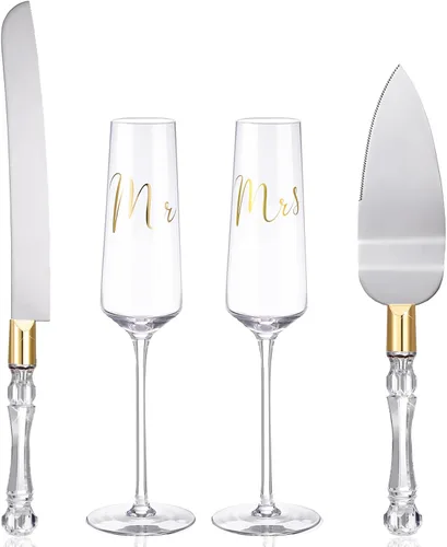 Vista 9 de Boao Juego de 4 Copas de Brindis de Boda y Servidor de Pastel, Suministros para Recepción de Boda, Copas de Champán, Cuchillo para Pastel, Servidor