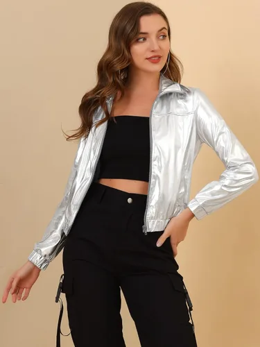 Vista 3 de Allegra K Chaqueta metálica holográfica brillante para mujer, manga larga, ligera, con cremallera