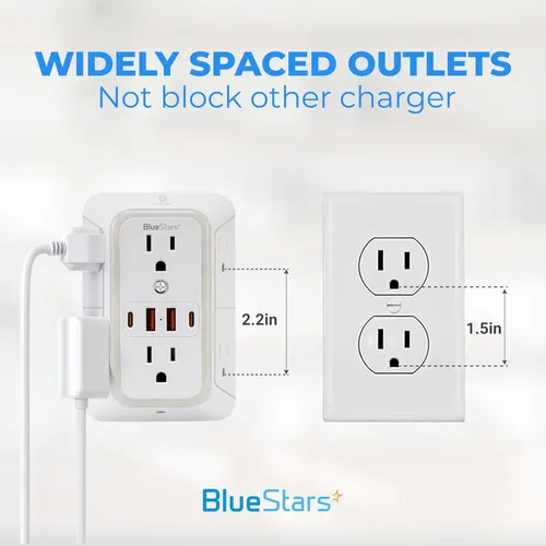 Vista 10 de Regletas de corriente para montaje en pared, cargador de pared, extensor de 6 enchufes, 4 puertos USB (5V, 2.4A, 12W) y luz nocturna, regleta