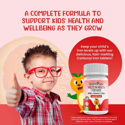Vista 4 de Suplementos de hierro masticables para niños (hierro feronyl/carbonil 9 mg con vitamina C 30 mg) Tableta en sabor mandarina tango naranja suplemento