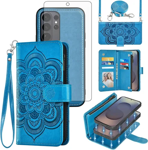 Vista 28 de Asuwish Funda de teléfono para Samsung Galaxy S26 5G con cremallera, magnética, desmontable, con protector de pantalla de vidrio templado, correa
