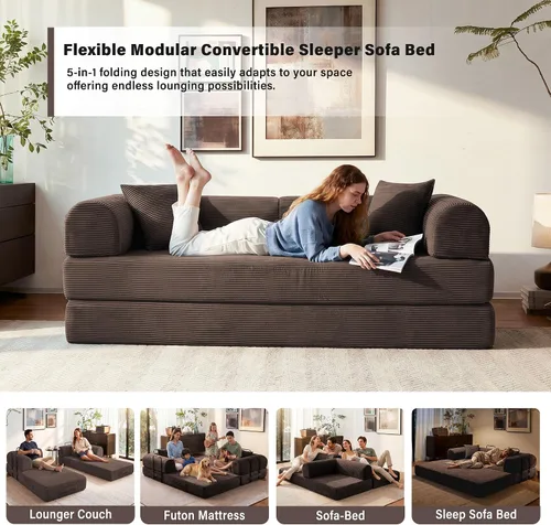 Vista 4 de Sofá cama convertible de 79 pulgadas, sofá futón sin hueso para sala de Marrón