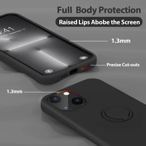 Vista 4 de MOCCA Funda compatible con iPhone 13 Mini con soporte de anillo, silicona líquida, forro de microfibra, funda protectora antiarañazos, a prueba