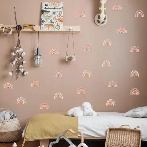 Vista 4 de Calcomanías de pared de arco iris boho, calcomanías de pared de arco iris dibujadas a mano apagadas – Decoración de baby shower, decoración