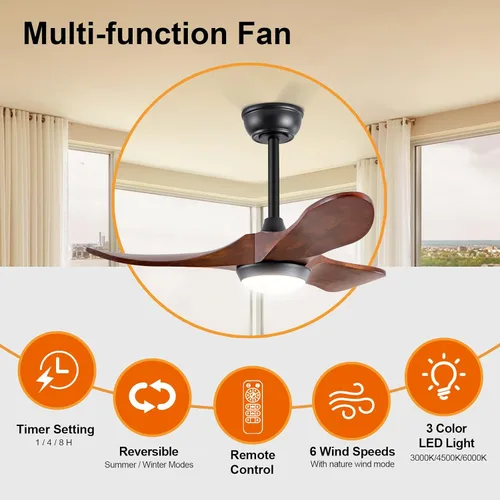 Vista 2 de Ventiladores de techo de madera maciza con luces, ventilador de techo moderno de 36 pulgadas con luz y control remoto, motor CC reversible, 6