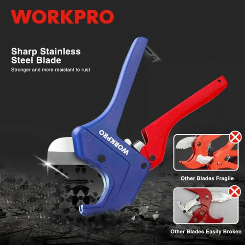 Vista 3 de WORKPRO Cortador de tubos de PVC con trinquete, hasta 1-5/8 pulgadas, cortador de tubos y tubos de plástico para mangueras de PEX, PVC, PPR