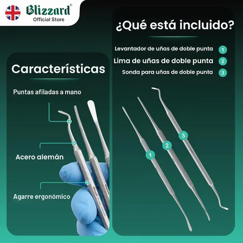 Vista 4 de Blizzard Juego de pedicura de lima negra de alta calidad, kit de 3 piezas de uñas encarnadas, limpiador de uñas de doble cara, lima de uñas
