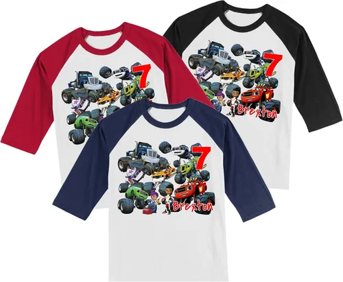 Vista 4 de Urban Smart Camiseta personalizada de cumpleaños Monster Truck Blaze Personalizada con nombre y edad Monster Truck Camiseta raglán unisex