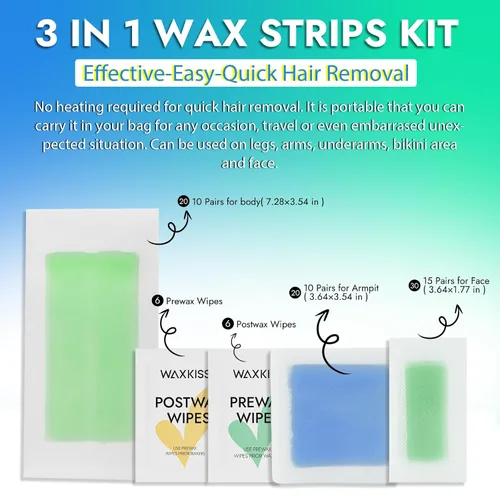 Vista 3 de Waxkiss Kit de tiras de cera para mujeres y hombres, 70 unidades, 3 tamaños y 12 toallitas para cera y después de la cera, kit de tiras de cera