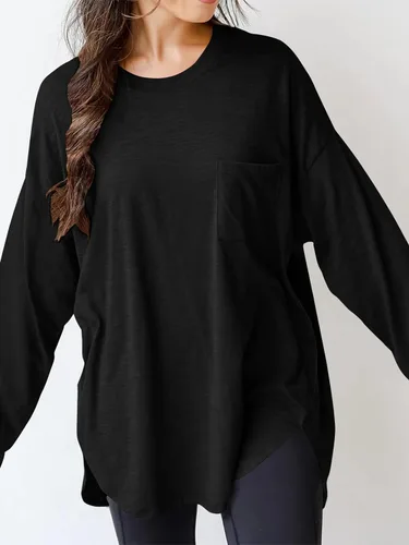 Vista 2 de Wihion Camisetas de manga larga de gran tamaño para mujer, de algodón, casual, cuello redondo, color liso, con bolsillo