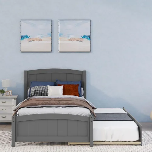 Vista 3 de Harper & Bright Designs Base de cama individual con nido, plataforma de madera con cabecera (tamaño individual, gris)