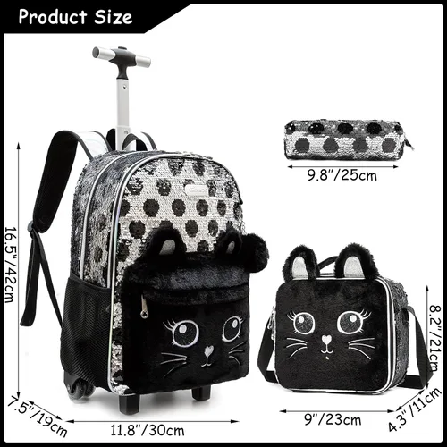 Vista 2 de Mochila con ruedas para niñas, mochila con ruedas y bolsa de almuerzo para niñas, maleta con ruedas