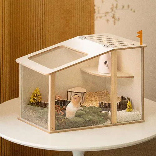Vista 7 de Dxcaicc Escondite de hámster de madera con tragaluz grande abatible pequeño castillo para mascotas con ventana de acrílico transparente, casa