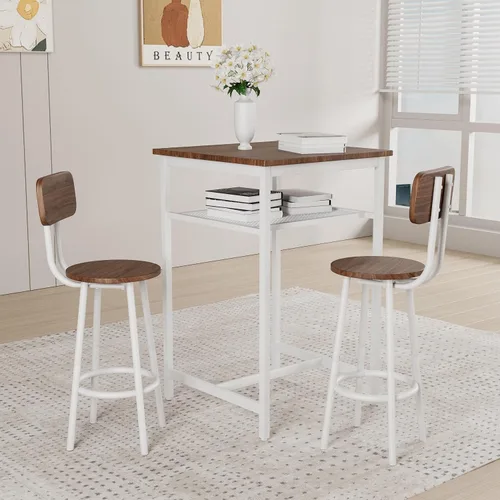 Vista 3 de Juego de mesa de comedor para 2, mesa de bar y sillas para 2, juego de mesa de bar pequeña de 3 piezas con 2 taburetes, parte superior de mármol