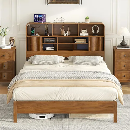 Vista 9 de Lxsxlome Base de cama tamaño Queen con cabecero y estación de carga de Nuez-reina