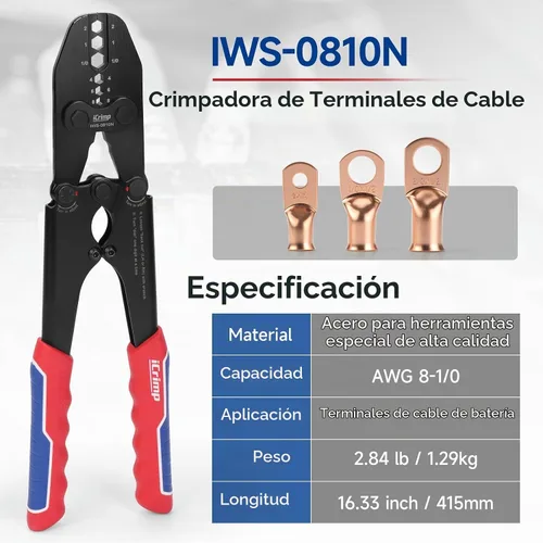 Vista 2 de Herramienta de engarzado de lengüetas de cable de batería iCrimp para lengüetas de cobre AWG 8-1/0, extremos de alambre resistentes