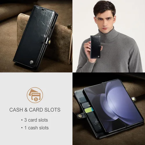Vista 5 de Kowauri Funda para Samsung Galaxy Z Fold 5, de piel sintética, con tarjetero y función atril, cierre magnético, protección a prueba de golpes