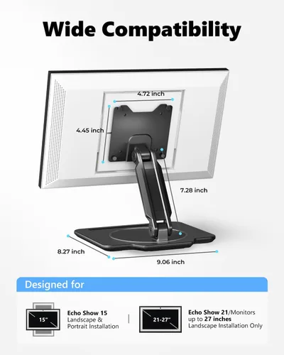 Vista 4 de Viozon Soporte ajustable compatible con Echo Show 15 y 21, base resistente giratoria de 360°, brazo plegable, construcción de aleación de aluminio