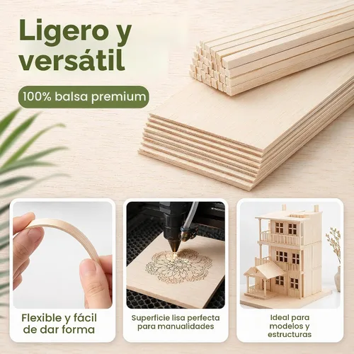 Vista 9 de Kit de manualidades de madera de balsa prémium Barsha Space - 10 hojas sin acabar (10x15cm, 12.7mm) + 140 palos (3mm & 6mm) - Ideal para modelos