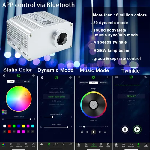 Vista 2 de AZIMOM Control Bluetooth 10W RGBW Twinkle Fibra Óptica Luces Estrella Kit de Luz de Techo 200 Unidades* 0.03 pulgadas x 6.5 pies Cables de Fibra