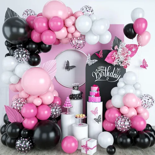 Vista 9 de Kit de arco de globos rosa y blanco, kit de guirnalda de globos de 100 piezas con globos rosa intenso, globos de látex blanco para niñas, niños
