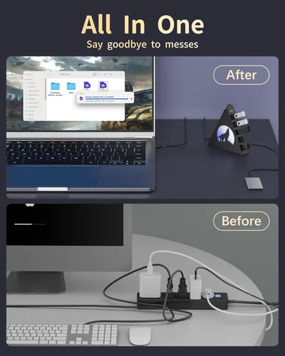 Vista 7 de Hub USB 3.0 de 7 puertos, divisor de USB vertical con iluminación RGB, transferencia de datos de alta velocidad de 5 Gbps y cable de extensión de 2