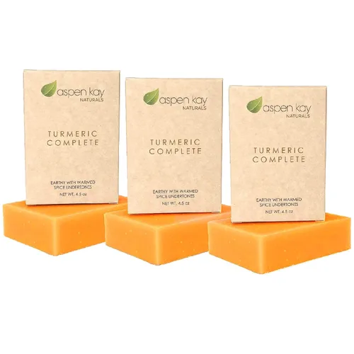 Vista 12 de Aspen Kay Naturals Jabón de cúrcuma para cara y cuerpo, hecho con manteca de karité orgánica, manzanilla y caléndula, lavado facial suave