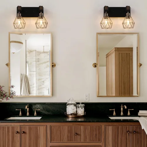 Vista 7 de Lámpara de tocador estilo casa de campo para baño, luminarias de tocador de baño de 2 luces negra dorada de madera sobre espejo, apliques rústicos