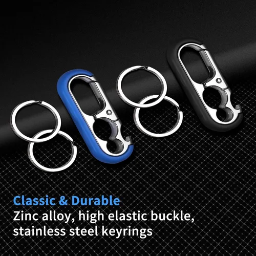 Vista 6 de Llavero para hombre – Llavero abrebotellas con 2 anillos, liberación rápida, aleación de zinc, negro, llavero perfecto para coche (negro + azul)