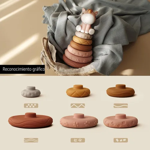 Vista 2 de Nueplay 7 piezas de juguetes para apilar y anidar para bebés, juguetes de dentición para apretar y círculo de construcción con figura de caballo