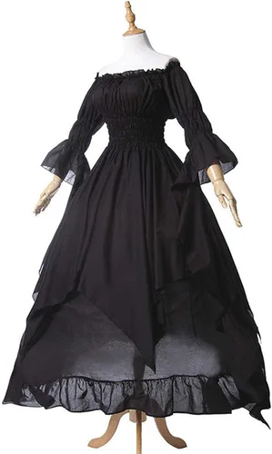 Vista 2 de Wirziis Vestido victoriano alto y bajo con hombros descubiertos, con volantes medievales, vestido renacentista
