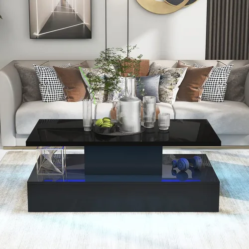 Vista 3 de Quarte Mesa de centro de estilo moderno de 2 niveles con iluminación LED de 16 colores, mesa de cóctel con control remoto y gran lugar