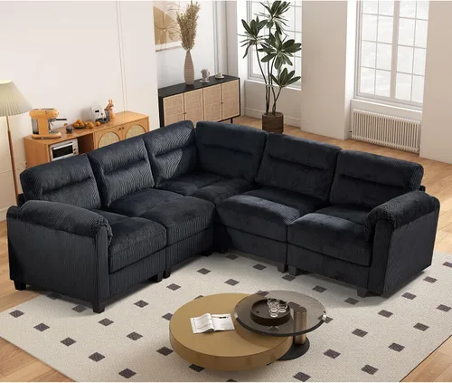 Vista 57 de HAOMARKETS Sofá esquinero modular en forma de L de 115 pulgadas con 2 otomanas móviles, sofás de pana de 8 plazas con cojín grueso para sala de Beige