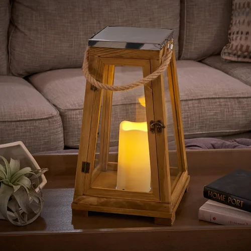 Vista 3 de Smart Design 84044-LC Newport - Linterna de vela LED, linterna de madera con paneles de vidrio y cuerda, incluye vela alimentada por un LED ámbar