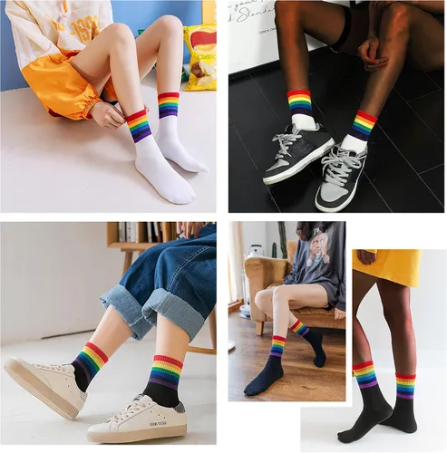 Vista 2 de MR.KM 6 pairs High Ankle Cotton Crew Casual Stripes Socks,Black&White Striped,Rainbow Pride For Men&Women, Compression
