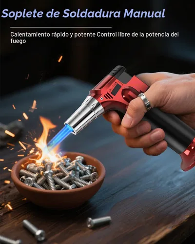 Vista 3 de Paquete de 2 linternas, soplete de butano recargable, soplete de cocina para cocinar con bloqueo de seguridad y llama ajustable para barbacoa, crema