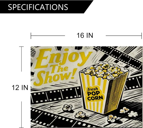 Vista 2 de Juego de 4 manteles individuales con temática de película vintage, diseño de palomitas de maíz, proyector, tablilla, estrellas, impermeables