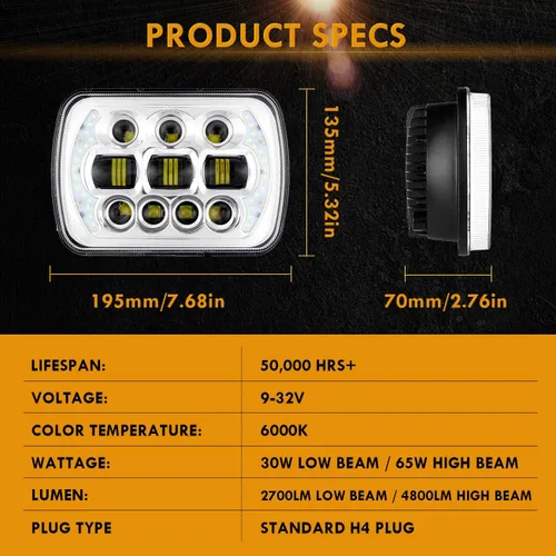 Vista 6 de Auxbeam Faro LED de 5 x 7 de haz alto y bajo, 85 W, 7 x 6 pulgadas, con ojos en ángulo DRL, aprobado por DOT, H6054 para Jeep Wrangler Cherokee XJ