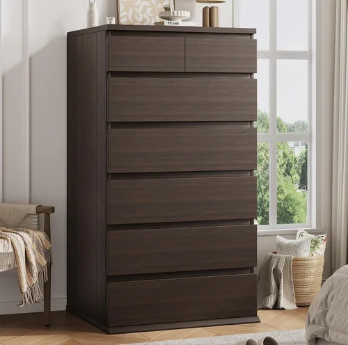 Vista 11 de Cómoda Alta Negra de 7 Cajones para Dormitorio, Cómodas y Arcones de Madera Modernos con Almacenamiento de Joyas, 23.6" L*15.8" A*47.5" Al en Cómoda