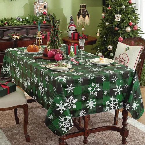 Vista 9 de Mantel de Navidad de vinilo con reverso de franela, rectangular, 52 x 70 pulgadas, patrón de bolas de Navidad, 100% impermeable, mantel de plástico